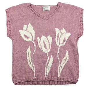 Vintage Tulip Sweater Shirt Handmade Chunky Crochet Flowers Hand Knit Pink S/M